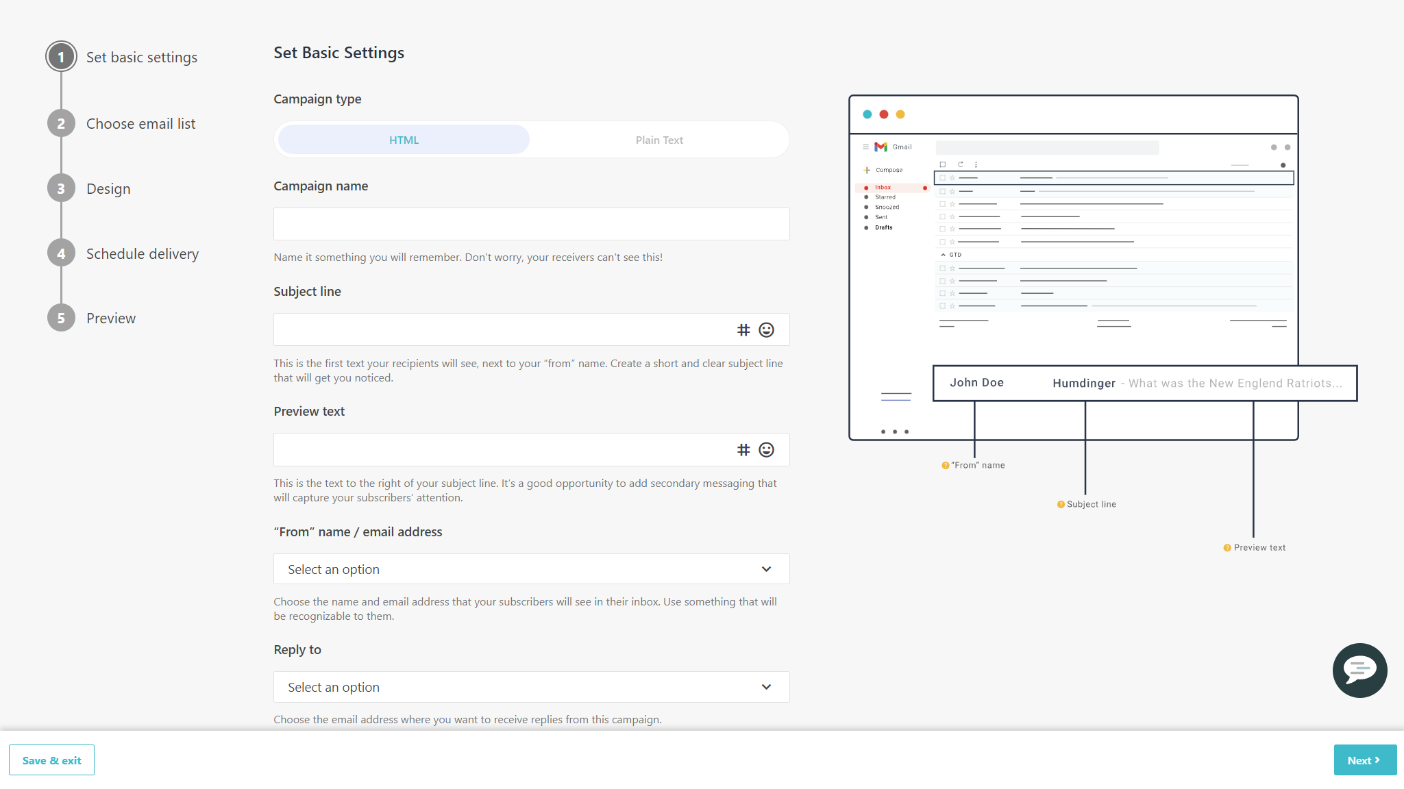 Set Basic Settings page for a regular campaign