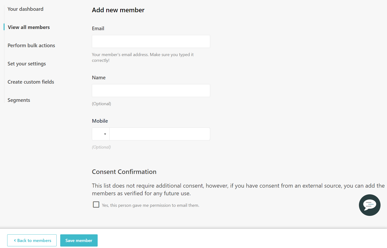 Add new member screen