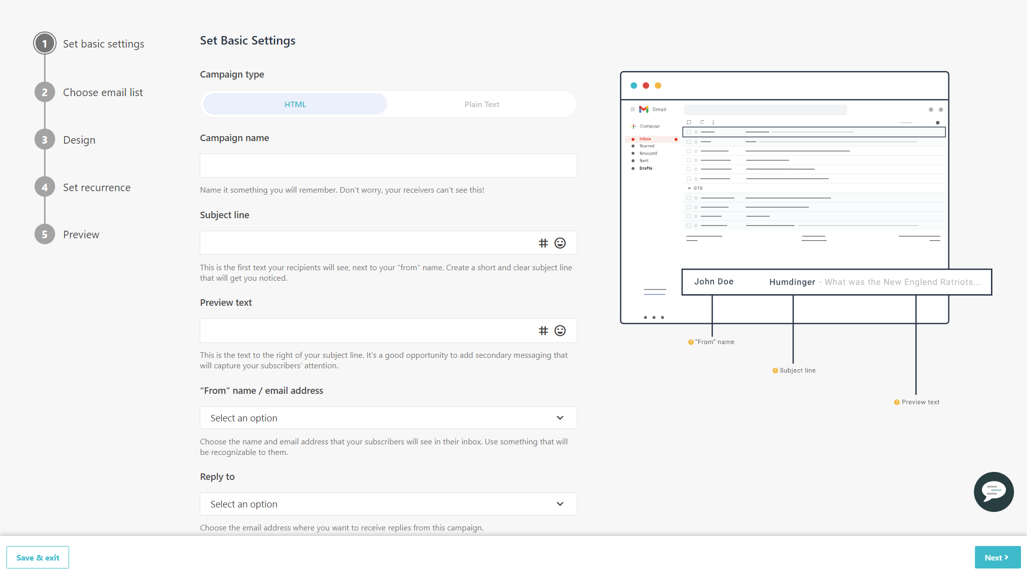 Set Basic Settings page for an RSS campaign