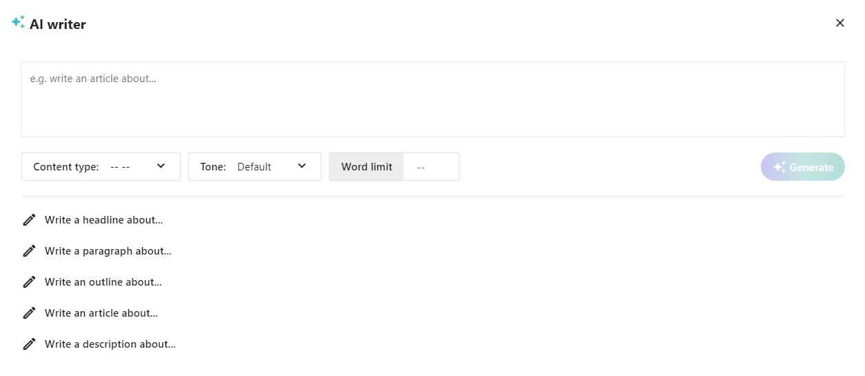 Screenshot of the AI writer for a text item.