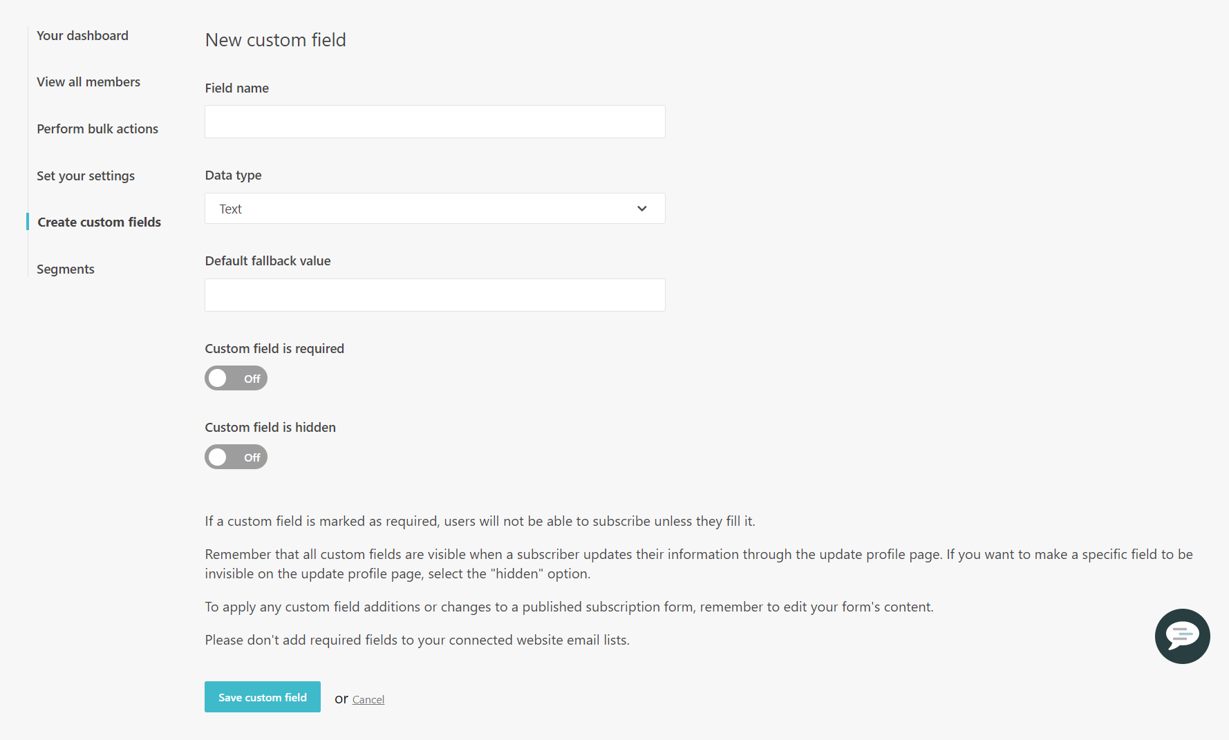 The New custom field page
