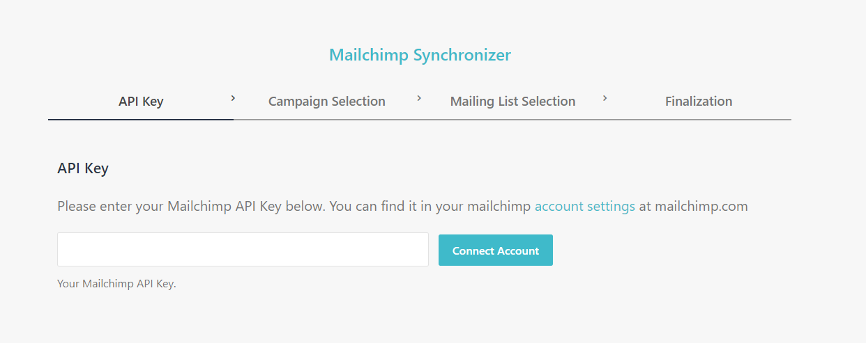 The API Key tab in the Mailchimp Synchronizer integration wizard