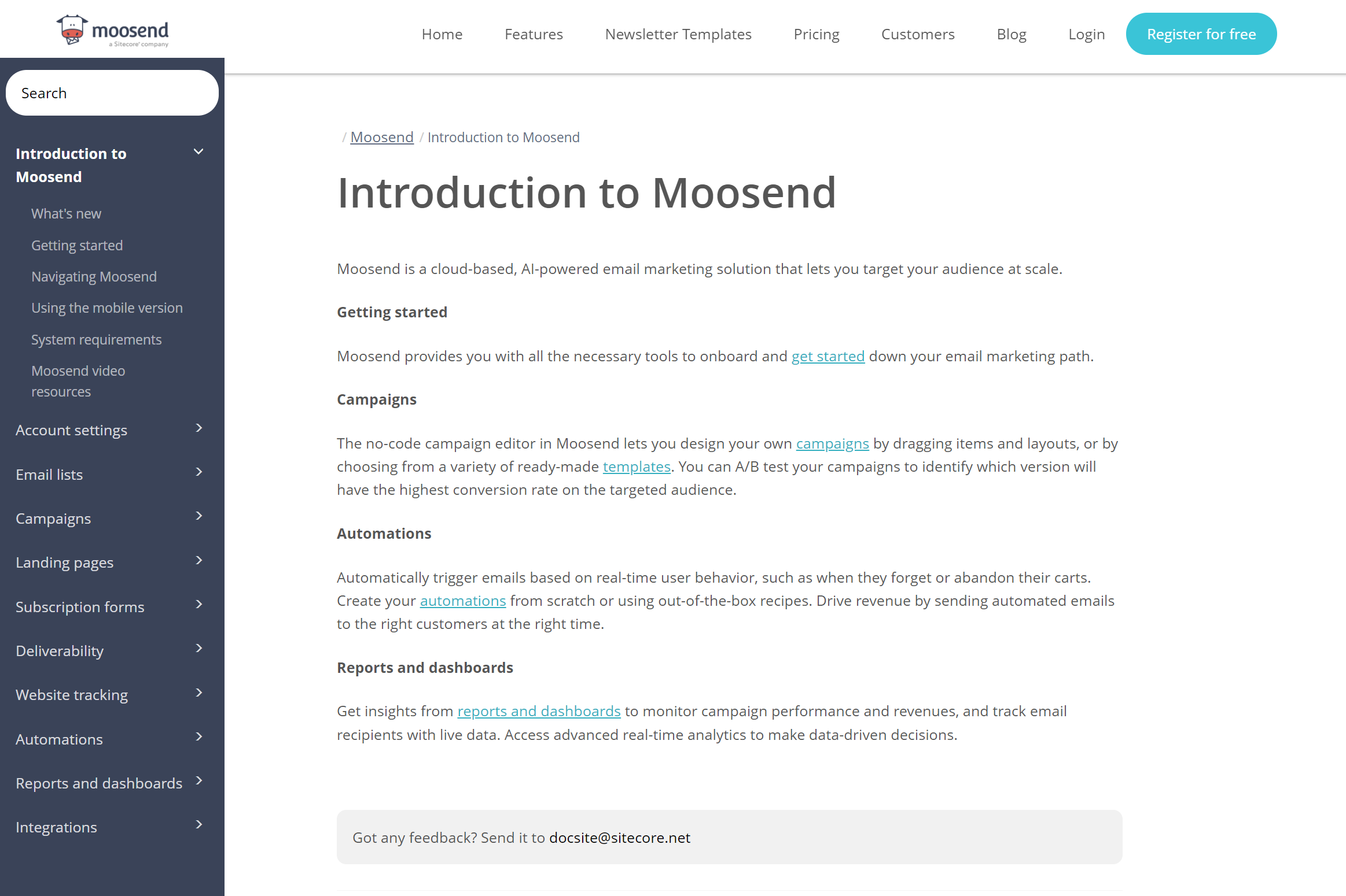 The new Moosend user documentation site