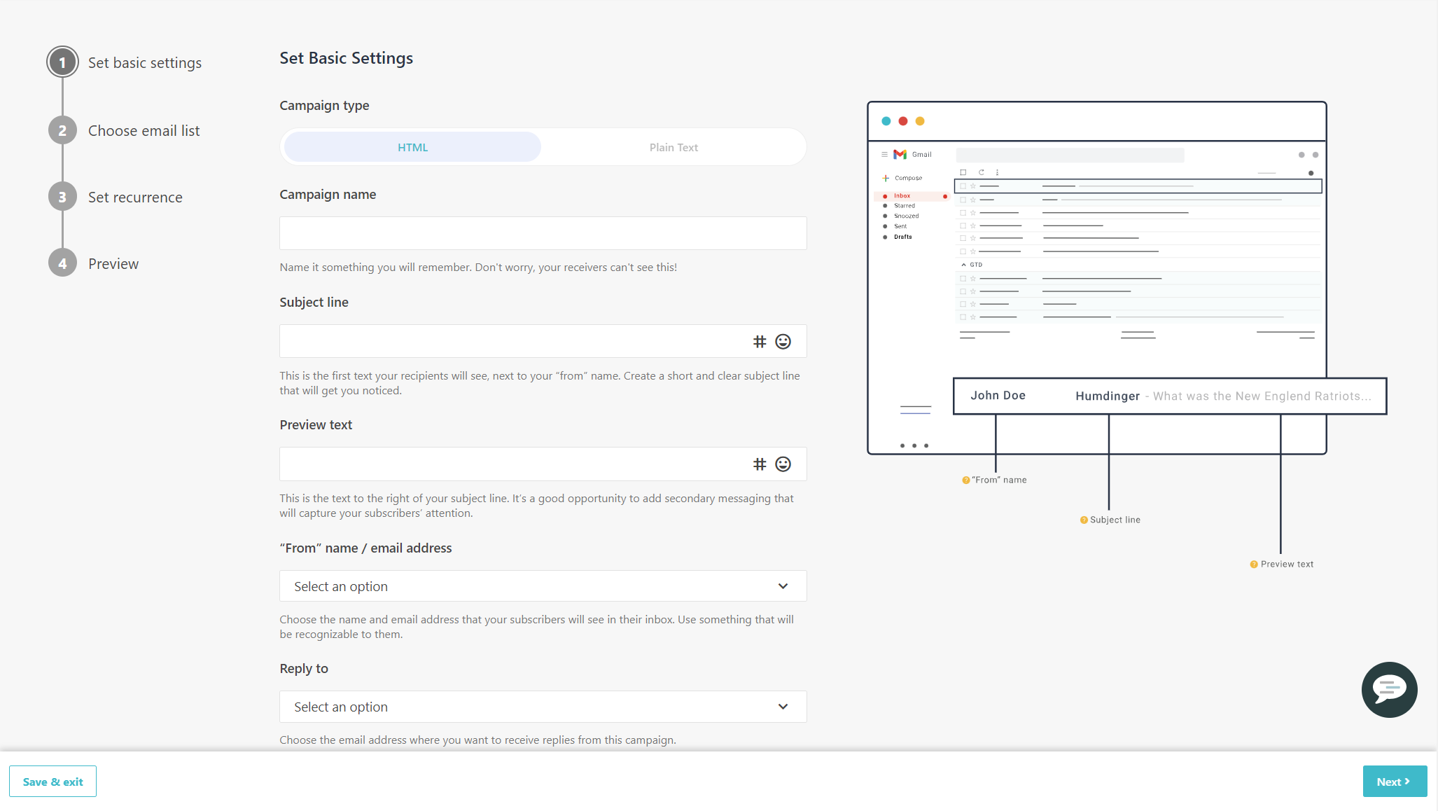 Set Basic Settings page for a repeatable HTML campaign