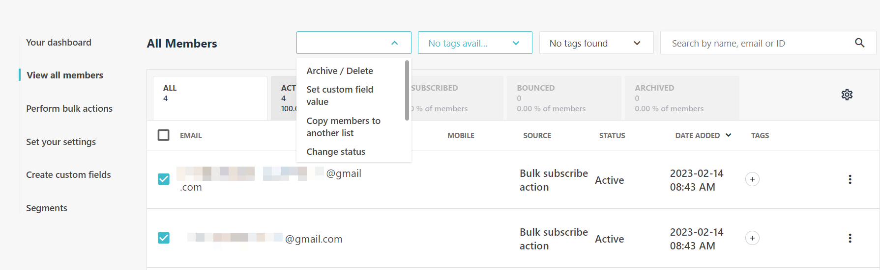 Selected contacts to copy to another email list