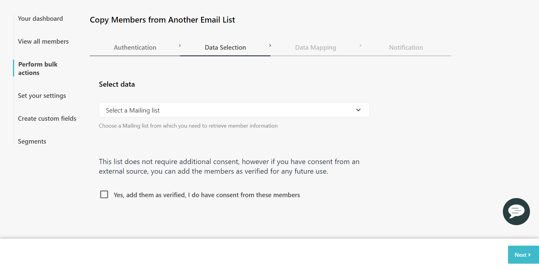 Data selection tab in the Copy Members from another Email list screen.