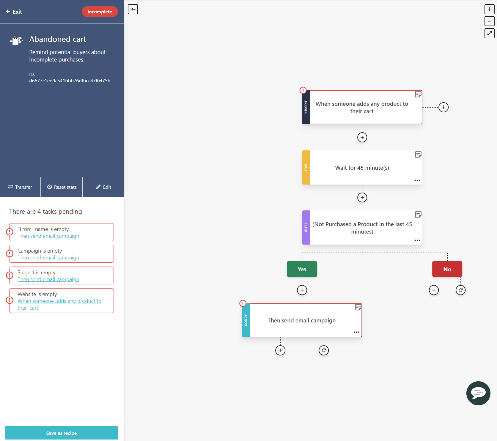 Automation designer displaying the default page when you select a recipe.