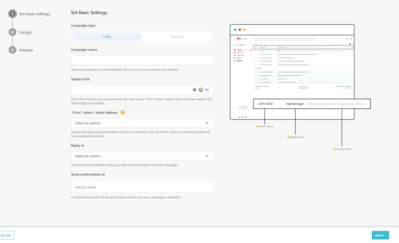 The Set Basic Settings page for a transactional email