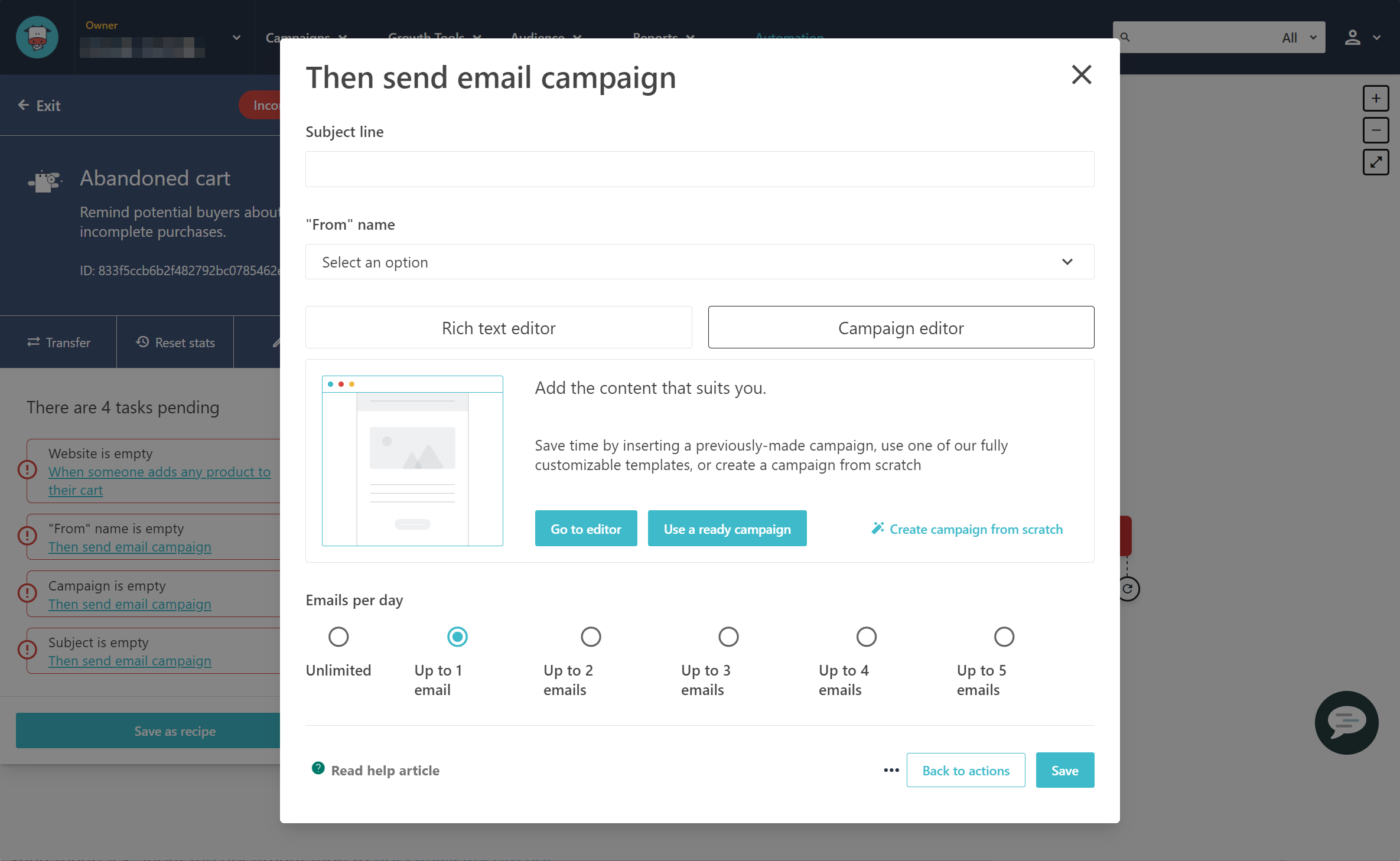 Use the Then send email campaign dialog to create your content