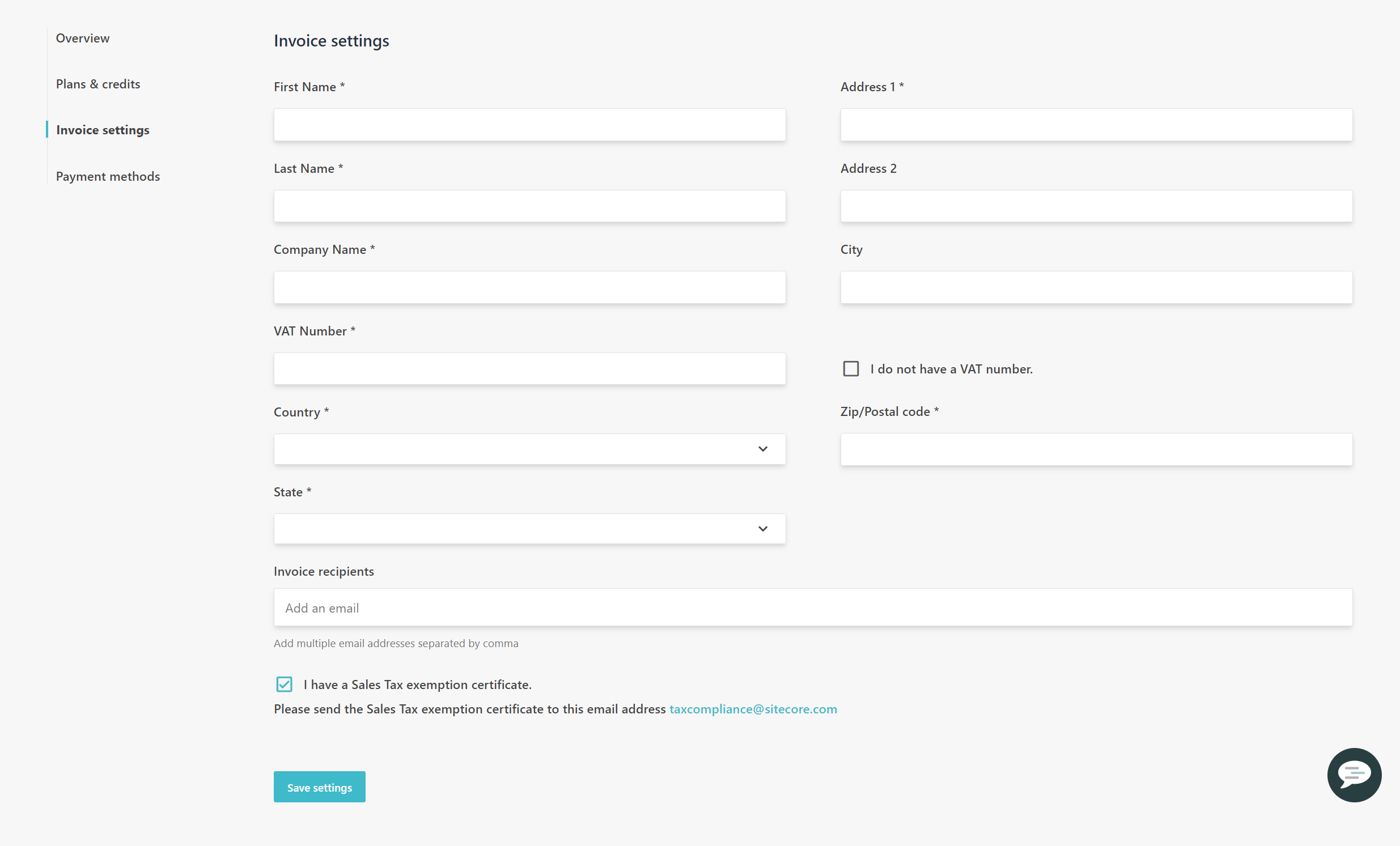 The Invoice settings page