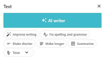 Screenshot of the AI writer on the Text item in the editor.