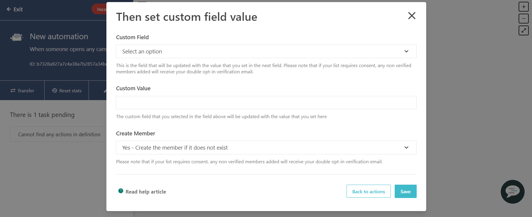 Set a custom field value dialog
